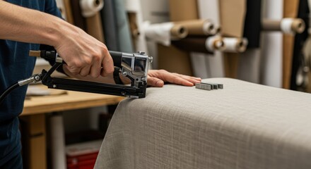Crafting upholstery with a staple gun in a textile workshop setting