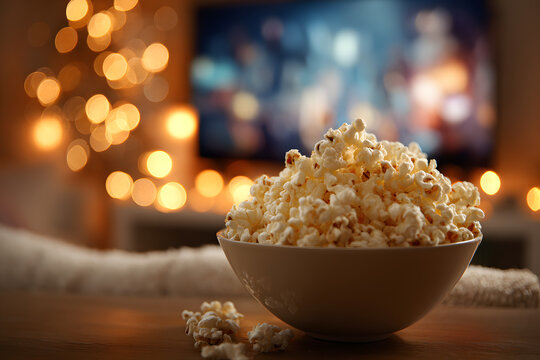 A bowl of popcorn sits invitingly on a table in front of a television set during a cozy movie night at home - Powered by Adobe