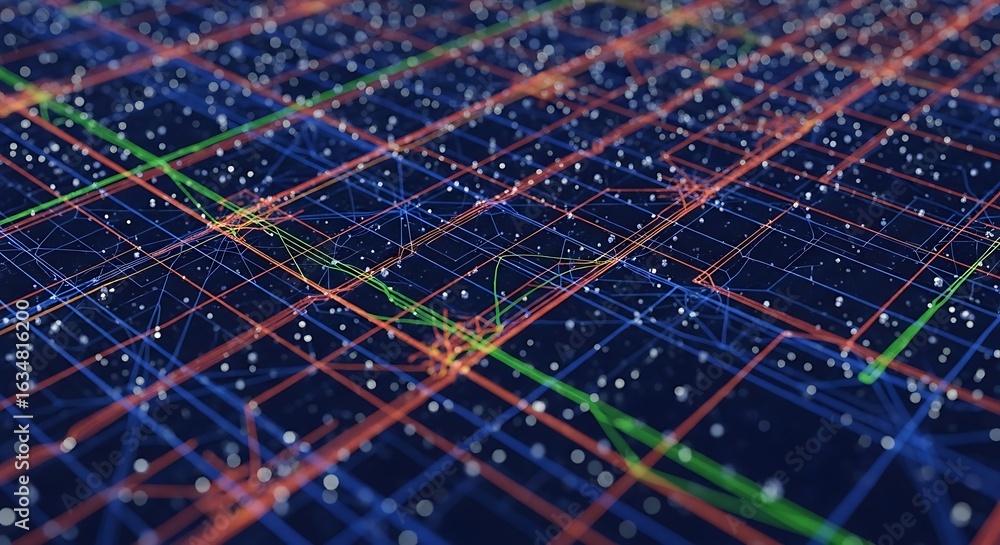 Poster dynamic network connection lines on dark blue background symbolize global data flow and connectivity