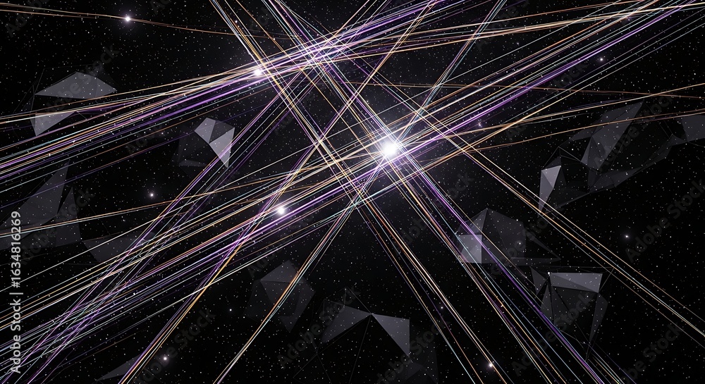Poster dynamic abstract lines and geometric shapes create a vibrant, energetic digital galaxy backdrop