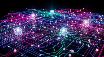 Fototapeta premium Vibrant network of glowing connections creates a futuristic, dynamic tech landscape illustrating innovation