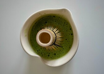 Traditional heart-shaped bowl filled with whipped matcha tea with bamboo whisk standing inside. 