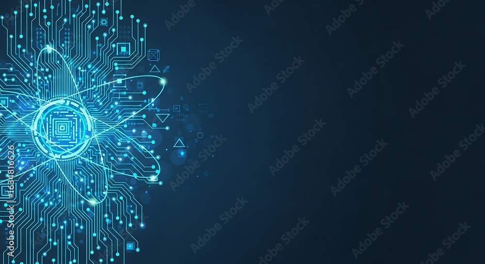 Poster modern technology backdrop with circuit board atom for digital innovation and cyber security solutio