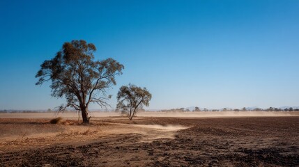 Obraz premium Majestic savanna tree with broad canopy standing on dry golden field under clear blue sky, representing resilience and beauty amid rural drought
