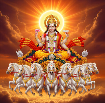 "Surya the Sun God Riding a Chariot of Seven Horses &ndash; Hindu Mythological Illustration"
