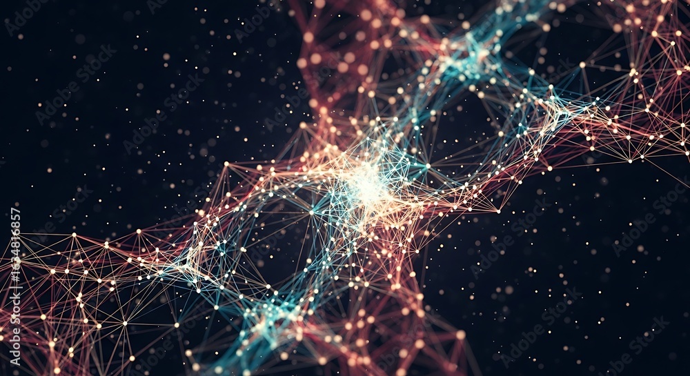Poster dynamic glowing abstract network structure with interconnected nodes and lines on dark background