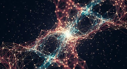 Dynamic glowing abstract network structure with interconnected nodes and lines on dark background
