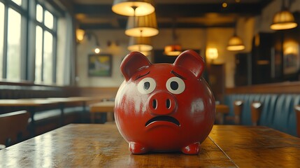Obraz premium Worried piggy bank sits on a wooden table.