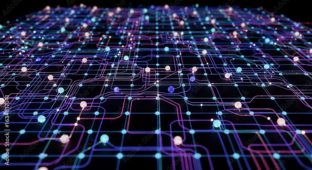 Poster stunning futuristic network design with glowing nodes for technology and data visualization projects