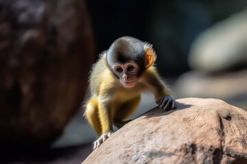 Obraz premium Young monkey with expressive eyes is climbing on a rock in a natural habitat, showcasing curiosity and playfulness in a vibrant environment