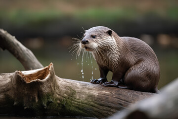 Obraz premium Playful otter sitting on a log near water, droplets cascading from its chin, showcasing the beauty of wildlife and the importance of animal protection