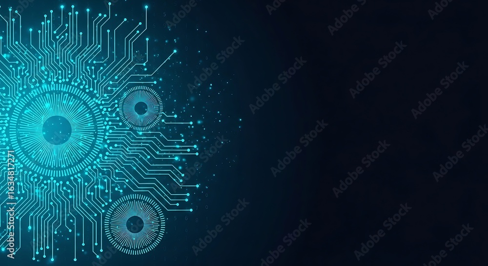 Poster futuristic digital circuit design with glowing elements for innovative technology concepts and moder