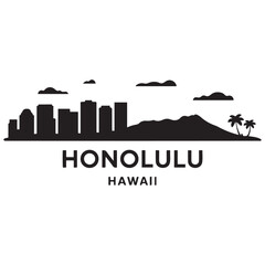 Obraz premium Honolulu skyline horizontal banner. Honolulu, Hawaii. Vector template for your design. Vector black silhouette. with white background