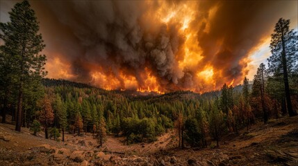 Fototapeta premium Massive wildfire engulfing dense forest valley with towering plume of dark smoke and bright flames under dramatic stormy sky