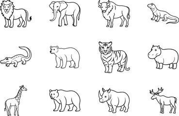 Large Unique Beasts Line Art Collection with elephant, giraffe, hippopotamus, bear, rhinoceros, moose