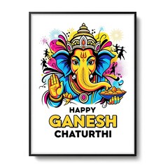 Vibrant Ganesha Chaturthi illustration with colorful abstract elements and dancing figures
