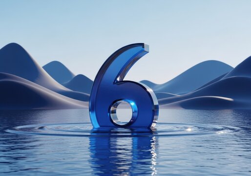 Blue glass number six floating on water with abstract landscape background