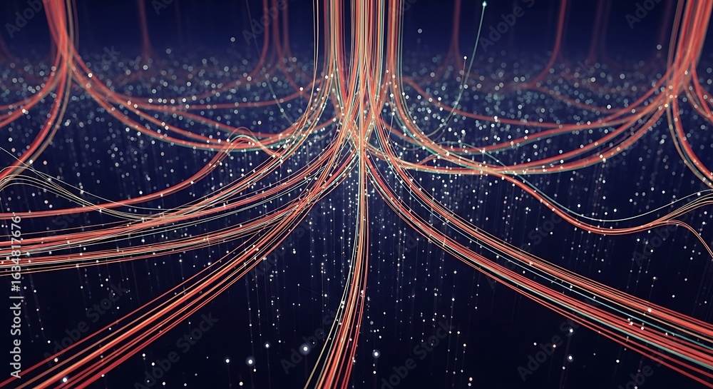 Poster dynamic network data streams flowing in vibrant connected web for modern technology solutions