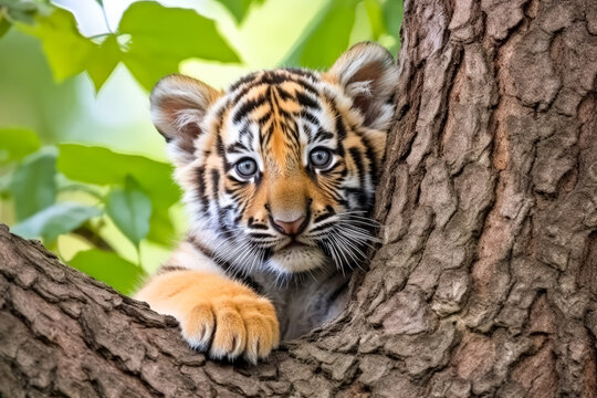 Young tiger cub resting on a tree branch, surrounded by lush green foliage, showcasing the beauty of wildlife and the importance of animal protection
