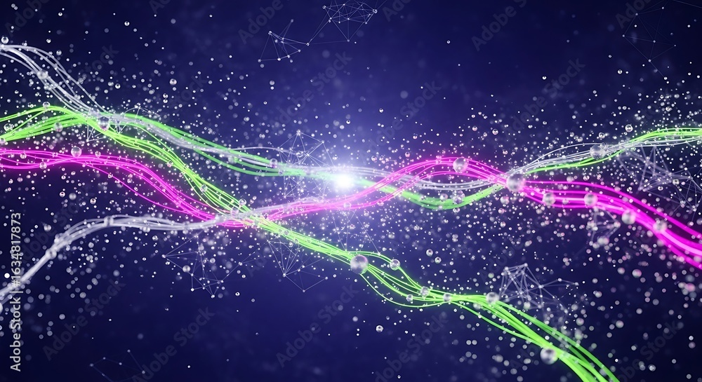 Poster dynamic digital network flows with glowing energy streams and orbiting particles creating a futurist