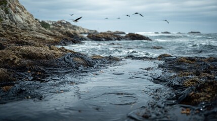 Obraz premium Jagged coastal rocks jutting into the sea with gentle waves and seabirds perched along the shoreline under a cloudy sky on a calm day