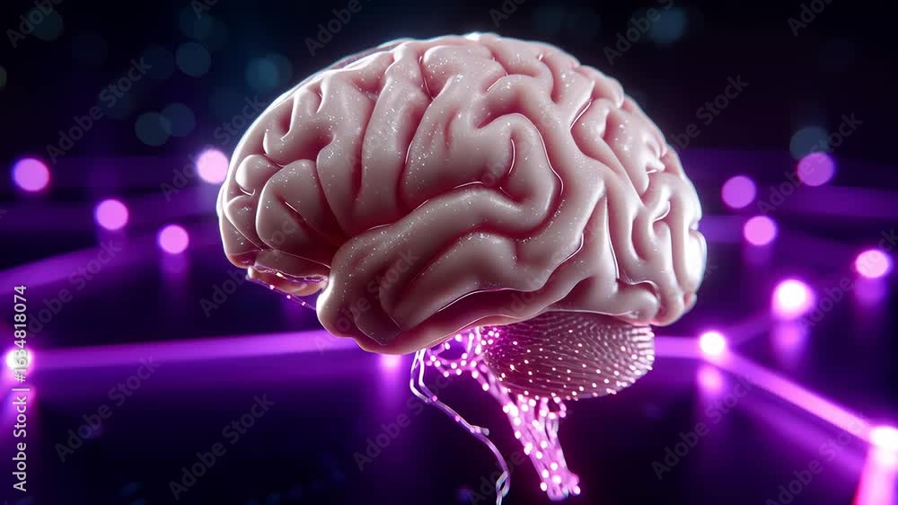 Poster brain representing artificial intelligence pulses with energy in a dynamic digital environment. vivi