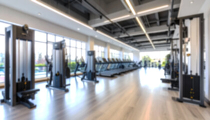 Fototapeta premium Blurred gym background, sports fitness room with treadmills and exercise equipment in defocus, and text copy space