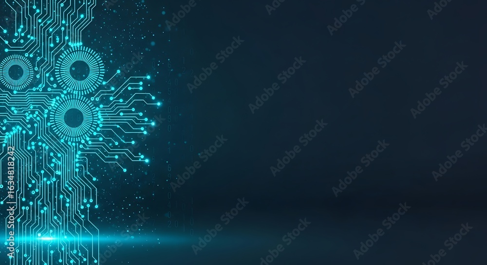 Poster modern technology motherboard circuit design with glowing data streams and network connections for d