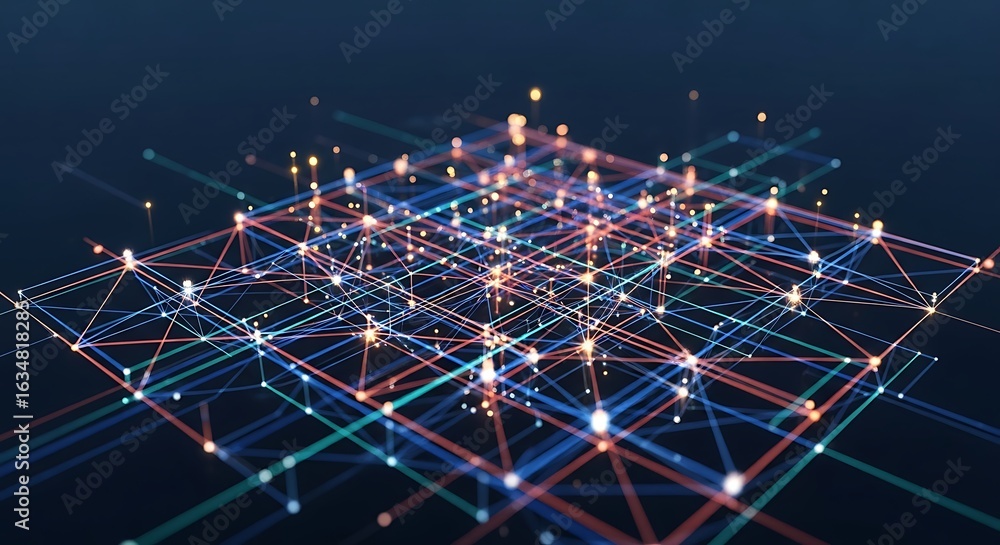 Poster dynamic digital network with glowing nodes and connections, representing data flow and connectivity.