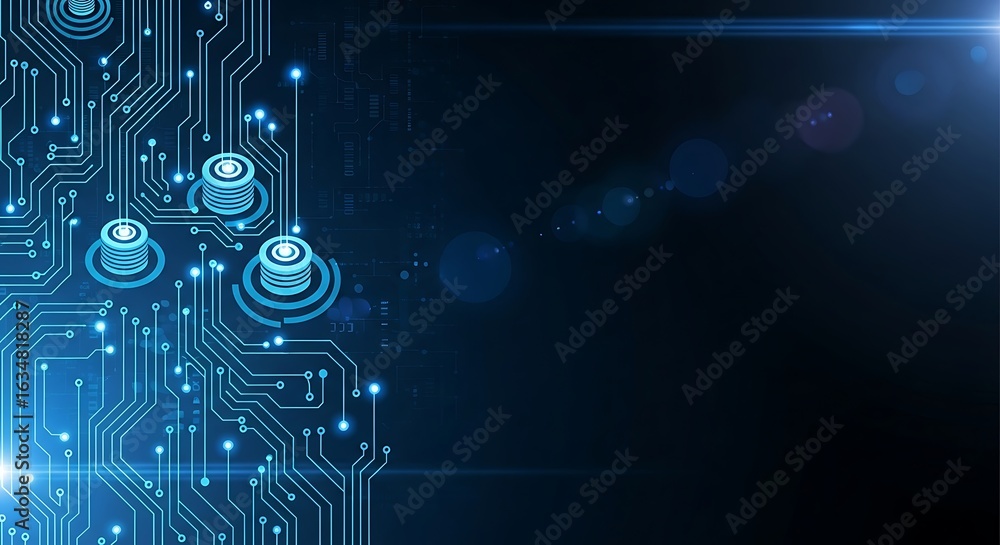 Poster modern technology background with glowing circuit board and data nodes for innovative tech solutions