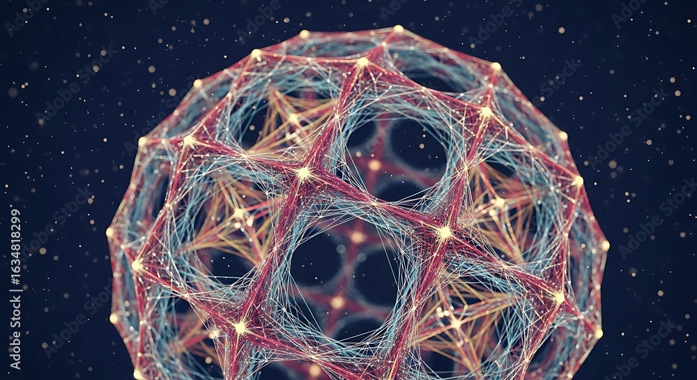 Poster stunning abstract geodesic dome structure with glowing nodes and particles against dark background