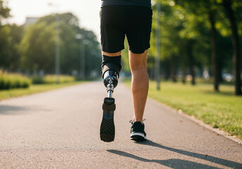 Person with prosthetic leg walking or running away on a sunny park path from behind.