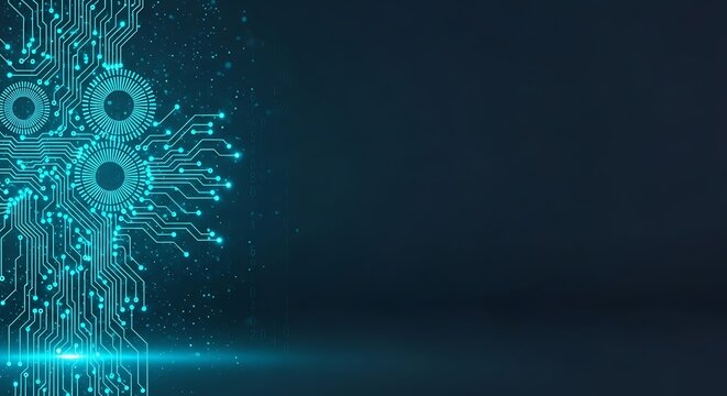 Modern technology motherboard circuit design with glowing data streams and network connections for digital innovation