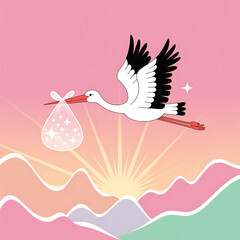 Whimsical stork carrying a baby bundle flying over colorful mountains at sunrise