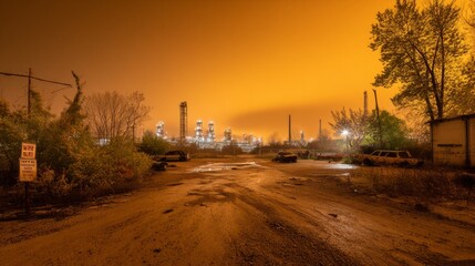 Brilliant orange sunset over an industrial landscape with towering structures and streetlights reflected in water, silhouetted trees and vivid sky