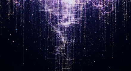 Dynamic digital network with glowing nodes and lines on a dark background, representing data flow and connectivity.