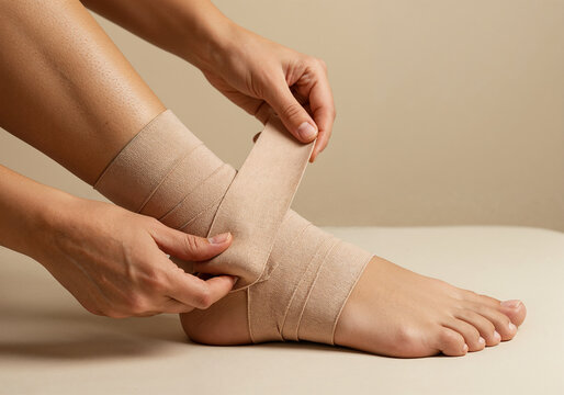 Close-up of hands wrapping an elastic compression bandage around a foot for injury support. - Powered by Adobe