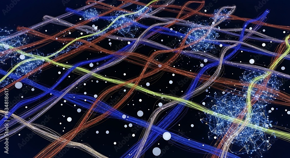 Poster dynamic data streams weave through glowing digital network creating vibrant technological connection