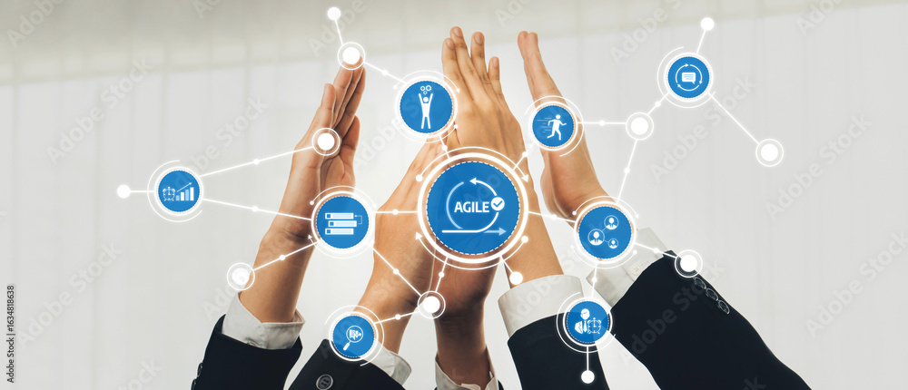 Poster a dynamic image depicting hands coming together to symbolize teamwork and collaboration in an agile 