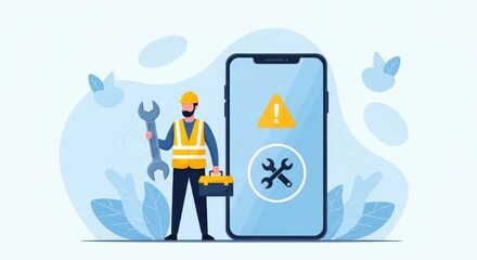 Flat illustration of a technician with tools and a toolbox stands next to a smartphone displaying a warning symbol for service