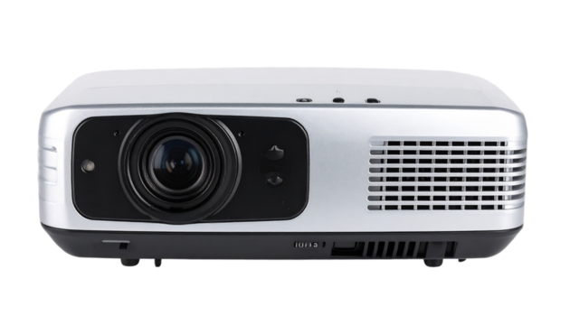 Modern silver projector for presentations, entertainment, and education on transparent background