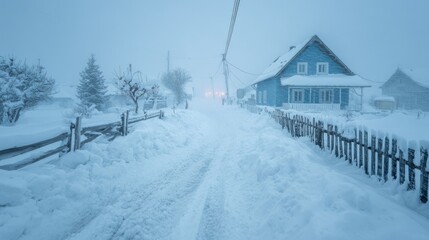 Snowy rural road lined with fences and pine trees leading to a house under heavy snowfall on a cold winter day