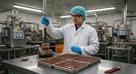 Chocolate production process in a factory with a technician in lab coat