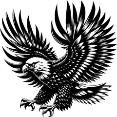 Obraz premium Majestic Eagle in Flight: This evocative artwork portrays a bald eagle in full flight, its powerful wings spread wide, and sharp talons poised, against the canvas.