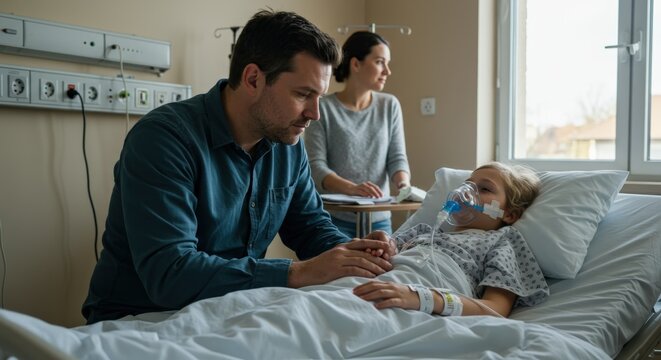 Family members support young patient in hospital room while receiving care and treatment