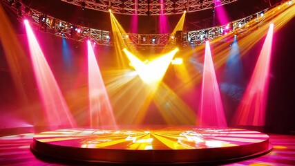 Dynamic colorful lighting illuminates a performance stage, showcasing an exciting atmosphere created for an upcoming event