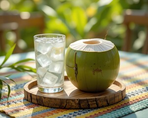 A refreshing young green coconut drink and a glass of iced water on a wooden tray, symbolizing a healthy tropical lifestyle.