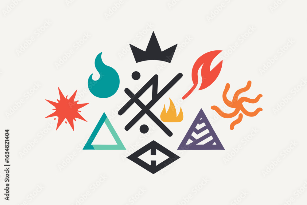 Poster dynamic abstract symbols representing elements fire water earth air and energy arranged with a centr