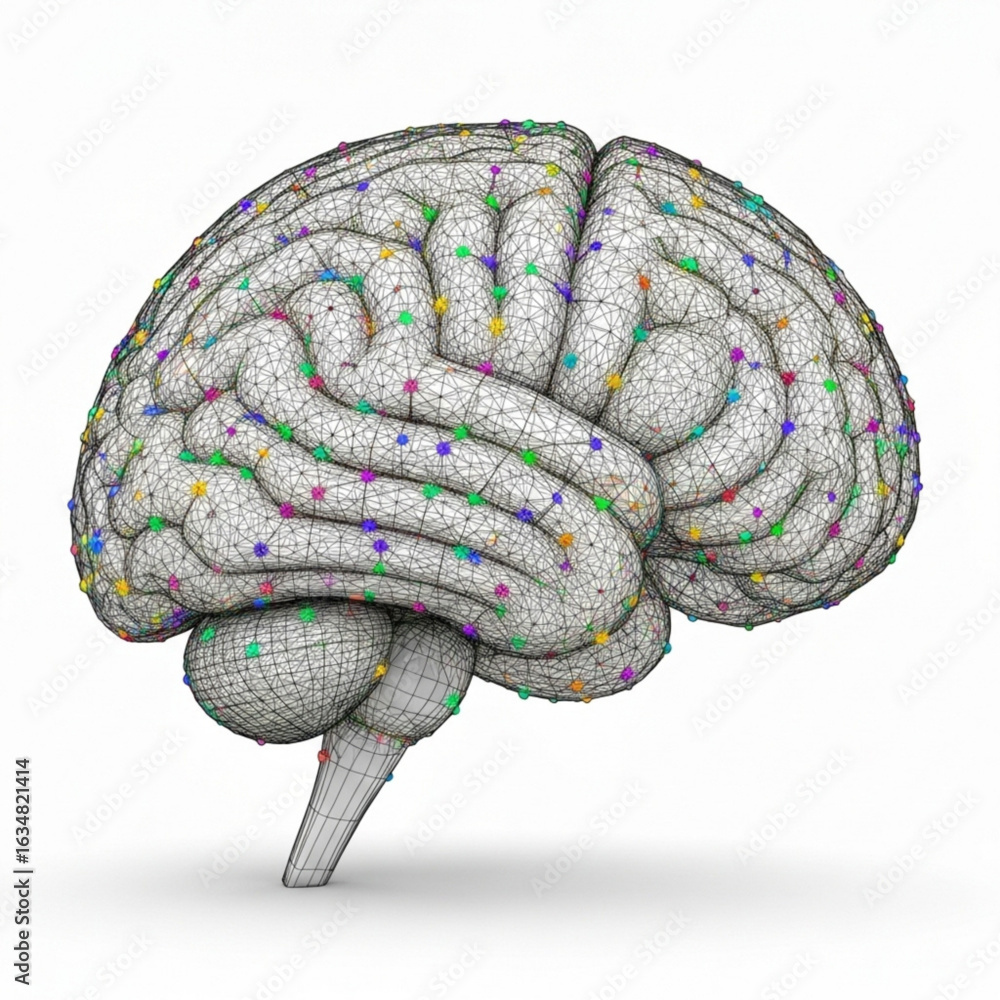 Poster anatomical representation of the human brain with colorful dots and wireframe structure on white sur