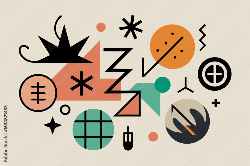 Poster dynamic geometric abstract composition with playful shapes and vibrant retro colors, perfect for mod